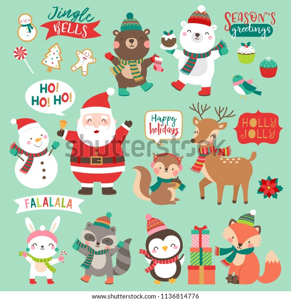 Set Cute Cartoon Character Illustration Christmas Stock Vector