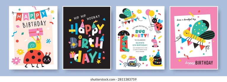Set of cute cartoon character insects and bugs like ladybug, snail, butterfly, caterpillar and spider. Vector illustration for birthday greeting card, birthday invitation card, sticker, poster, cover, backdrop and prints.