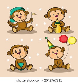 set of cute cartoon character monkey vector design