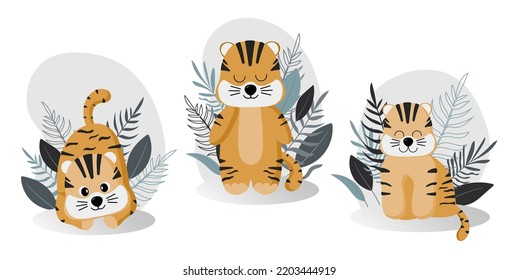Set Cute cartoon character tiger cub, childrens illustration with funny animal for things, design, room decoration, print, poster