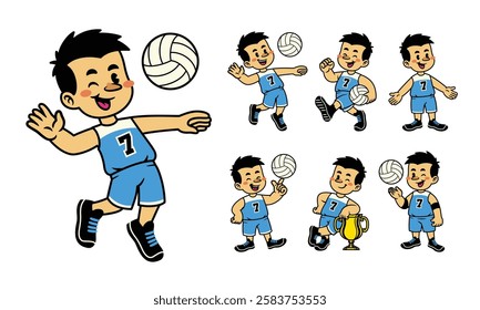 Set Cute Cartoon Character Of Volleyball Player