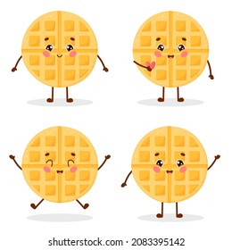 Set of cute cartoon character waffle in different emotions. Vector illustration isolated on white background.