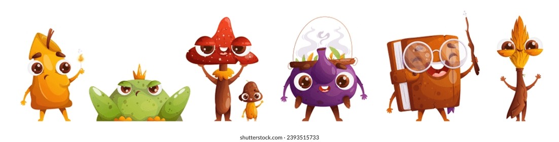 Set of cute cartoon characters associated with magic and witchcraft. A candle, an enchanted toad, a broom, mushrooms, a teapot with a magic drink, a book holding a magic wand.