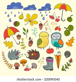 Set of cute cartoon characters and autumn elements. Vector doodle illustration