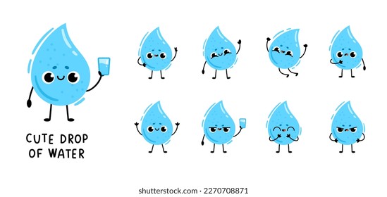 Set cute cartoon characters blue water drops. Vector illustration isolated on white background