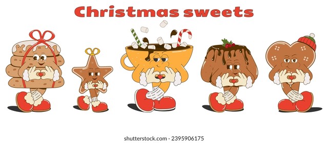 set of cute cartoon characters Christmas sweets:oatmeal and ginger cookies,cupcake,cocoa, isolated on a white background. Groovy vector illustration in retro style of the 60s-70s. Print, stickers,menu