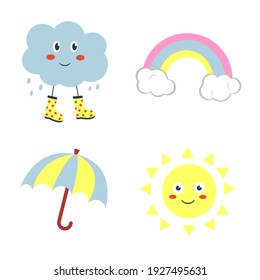 Set of cute cartoon characters and design elements for children's party. Cloud, sun, rainbow and umbrella. Vector illustration.