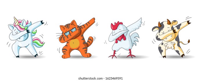 Set of cute cartoon characters in dub dance poses. Hand drawn unicorn, cat, chicken, cow doing dabbing. Vector Illustration for kids isolated on white background. svg