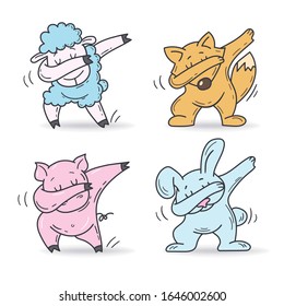 Set of cute cartoon characters in dub dance poses. Hand drawn sheep, fox, pig, rabbit doing dabbing. Vector Illustration for kids isolated on white background.