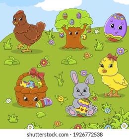 Set of cute cartoon characters. Easter clipart. Hand drawn. Colorful pack. Vector illustration. Patch badges collection. Label design elements. For daily planner, diary, organizer.