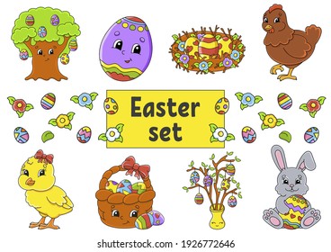Set of cute cartoon characters. Easter clipart. Hand drawn. Colorful pack. Vector illustration. Patch badges collection. Label design elements. For daily planner, diary, organizer.