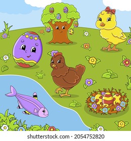 Set of cute cartoon characters. Easter clipart. Hand drawn. Colorful pack. Vector illustration. Patch badges collection. Label design elements. For daily planner, diary, organizer.