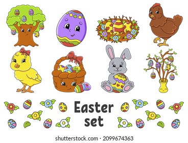 Set of cute cartoon characters. Easter clipart. Hand drawn. Colorful pack. Vector illustration. Patch badges collection. Label design elements. For daily planner, diary, organizer.