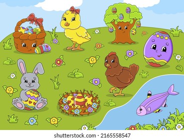 Set of cute cartoon characters. Easter clipart. Hand drawn. Colorful pack. Vector illustration. Patch badges collection. Label design elements. For daily planner, diary, organizer.
