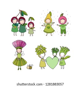 Set with cute cartoon characters. Funny cherries, fruits and succulents. Fairy-tale heroes. Summer history
