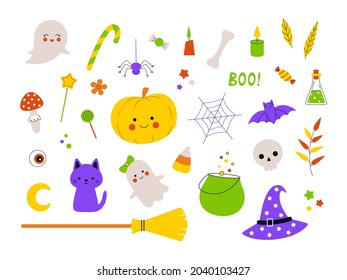 A set of cute cartoon characters and Halloween items. Hand drawn funny ghosts, pumpkin, broom, cauldron and potions, candles, cat and spider for party decoration, prints and stickers. Vector 