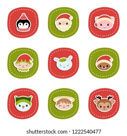 Set of cute cartoon characters head. Christmas theme.