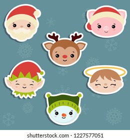 Set of cute cartoon characters head. Christmas theme.