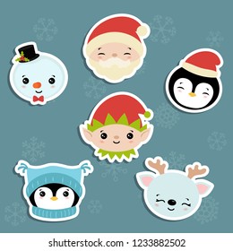 Set of cute cartoon characters head. Christmas theme.