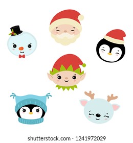 Set of cute cartoon characters head. Christmas theme.