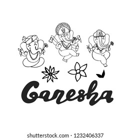 Set of cute cartoon characters Hindu god lord Ganesha with flowers. Vector Illustrations for Happy Ganesh Chaturthi Festival India. 