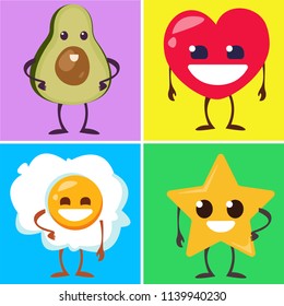 A set of cute cartoon characters with pens and legs. Vector illustration. Avocado, fried eggs, star and heart.