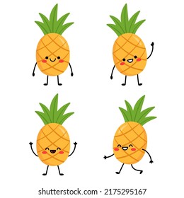 Set cute cartoon characters pineapples. Pineapple with arms and legs, with different emotions. Vector illustration isolated on white background