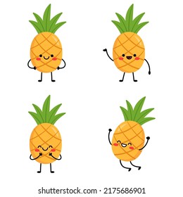 Set cute cartoon characters pineapples. Pineapple with arms and legs, with different emotions. Vector illustration isolated on white background