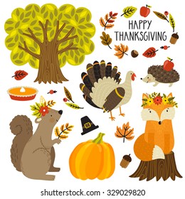 Set of cute cartoon characters and plants. Thanksgiving day. Cute animals: fox, squirrel, hedgehog turkey and holiday symbols: pumpkin pie, pilgrim hat, pumpkin, autumn leaves and tree.