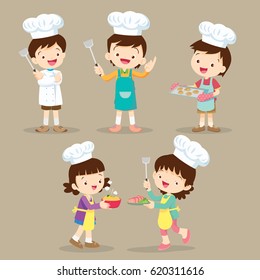 Set OF Cute Cartoon Characters Preparing Meal. little chef various actions.