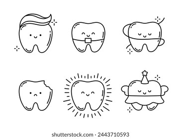 Set of Cute Cartoon Characters Teeth. Clean, Healthy Tooth, Tooth with Caries, Floss, Braces, Braces system. Concept of Pediatric Dentistry, Dental Cleaning and Care. Vector Linear Illustration