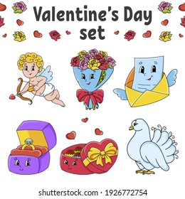 Set of cute cartoon characters. Valentine's Day clipart. Hand drawn. Colorful pack. Vector illustration. Patch badges collection. Label design elements. For daily planner, diary, organizer.