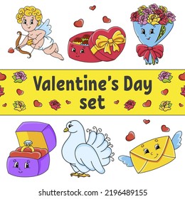 Set of cute cartoon characters. Valentine's Day clipart. Hand drawn. Colorful pack. Vector illustration. Patch badges collection. Label design elements. For daily planner, diary, organizer.