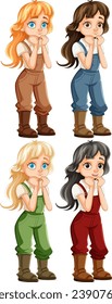 Un conjunto de personajes de dibujos animados adorables con diferentes vestíbulos de colores
