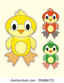 Set of Cute cartoon chick in flat design for greeting card, invitation and logo with fabric texture. Vector illustration