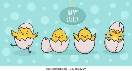 set of cute cartoon chicken. Funny yellow chickens in different poses.  Easter greeting card. Vector illustration.