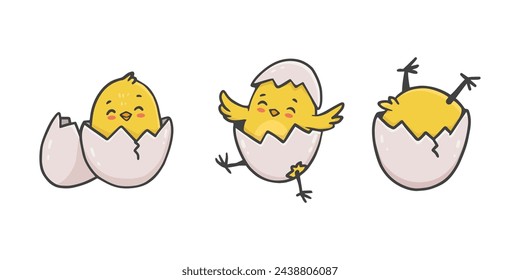 set of cute cartoon chicken. Funny yellow chickens in different poses.  Easter greeting card. Vector illustration.