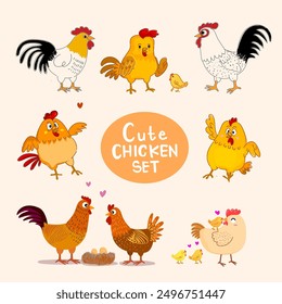 Set of  cute cartoon chicken, hen, rooster, cock poultry farm animal character vector illustration. Line art, hand drawing domestic bird collection.