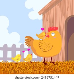 Set of  cute cartoon chicken, hen, rooster, cock poultry farm animal character vector illustration. Line art, hand drawing domestic bird collection.