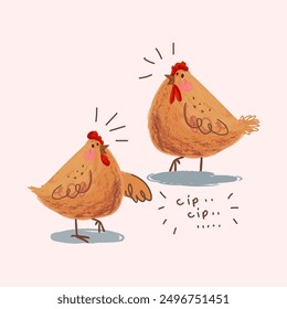 Set of  cute cartoon chicken, hen, rooster, cock poultry farm animal character vector illustration. Line art, hand drawing domestic bird collection.