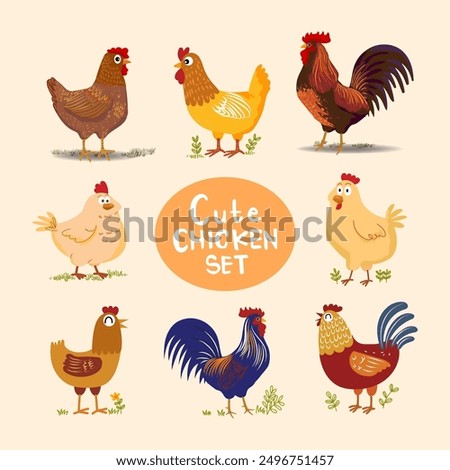 Set of  cute cartoon chicken, hen, rooster, cock poultry farm animal character vector illustration. Line art, hand drawing domestic bird collection.