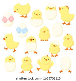 Set of cute cartoon chicken in various poses. Isolated on white background. Funny chicken running, standing, sitting, hatched from an egg, egg with bow of blue and pink color. Vector illustration EPS8