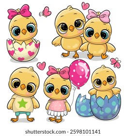 Set of Cute Cartoon Chickens with accessories on a white background
