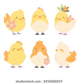 Set of cute cartoon chickens. Funny yellow chickens in different poses, vector