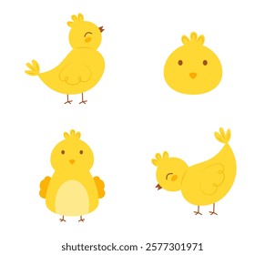 Set of cute cartoon chicks isolated on white background. Vector character in hand drawn flat cartoon style. Funny Easter chicks clipart