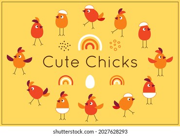 Set of cute cartoon chicks with rainbow, egg, dots. Simple geometric style. Vector design elements.