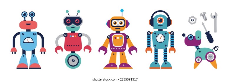 Set of cute cartoon childish robots in flat style. Colorful kid cyborgs, retro, futuristic modern bots, smiling characters. Isolated vector illustration in cartoon style. 