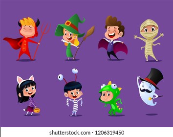 Set of cute cartoon children in colorful halloween costumes:witches,dragula,mummy,some reptile, kitty, prisoner, Satana and one real ghost. Vector illustration