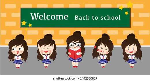 Set of cute cartoon children, illustrations. school uniform