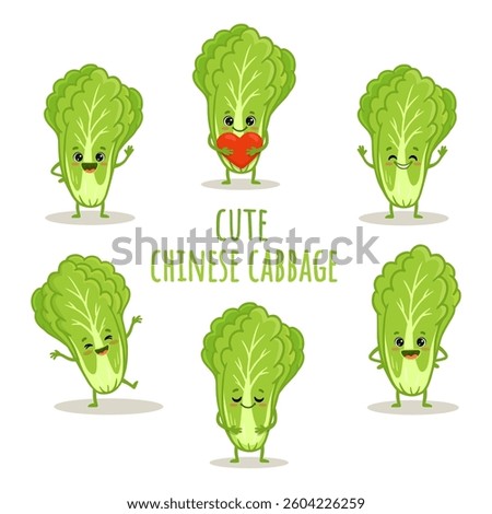 set of cute cartoon Chinese cabbage characters with emotions. Cute vegetable with heart isolated on white background. Funny Chinese cabbage in different poses. Vector illustration. 